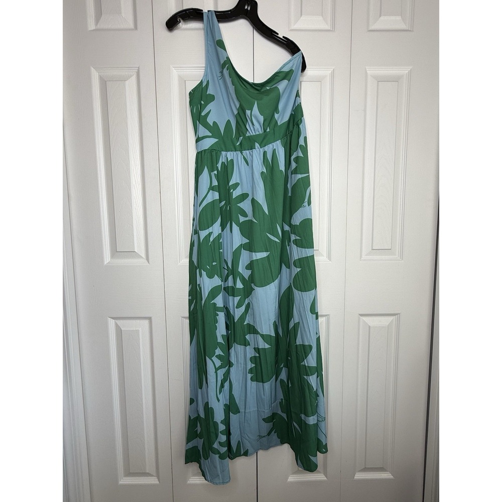Tropical Maxi Dress Leaf Floral One Shoulder Asymmetric Neckline Flowy Sz L